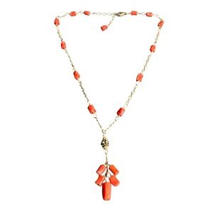 Vintage Coral Station Necklace 14K Gold Filled Lariat Y Pendant Natural Handmade